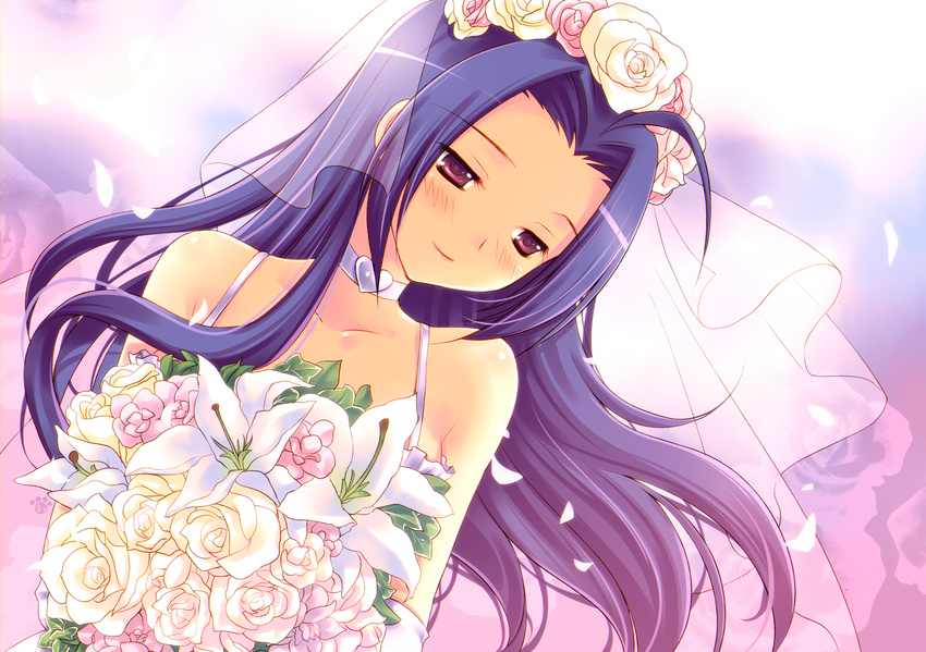 ahoge bare_shoulders blue_hair bouquet choker dress dutch_angle flower head_wreath heart highres idolmaster idolmaster_(classic) long_hair mame-p miura_azusa purple_eyes rose smile solo veil wedding_dress