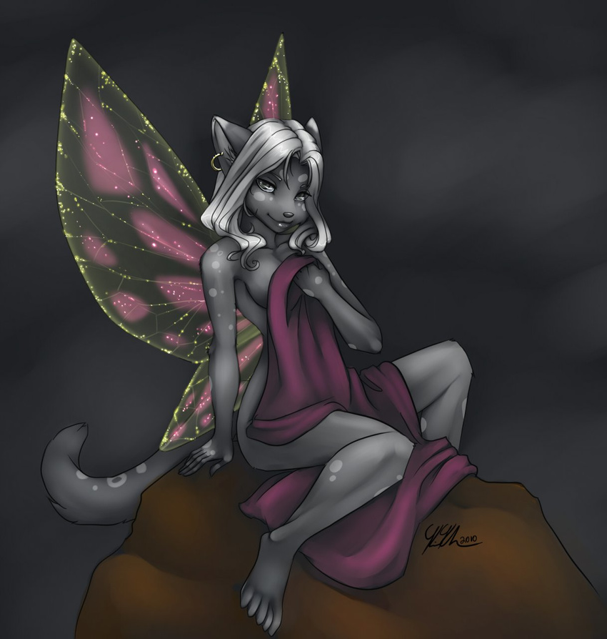 blanket breasts butterfly_wings covering ear_piercing feline female fur grey_background grey_eyes grey_fur grey_hair grey_spots grey_theme hair kathy-lu looking_at_viewer mammal nude piercing plain_background side_boob simple_background sitting smile solo wings