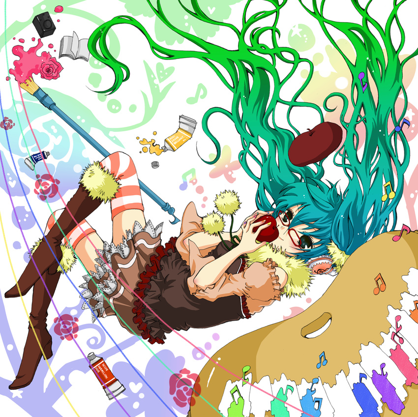 apple bespectacled boots food fruit glasses gradient_hair green_eyes green_hair hatsune_miku high_heels highres knee_boots legs long_hair multicolored_hair paint palette sakuranbotoko shoes skirt solo striped striped_legwear thighhighs twintails very_long_hair vocaloid
