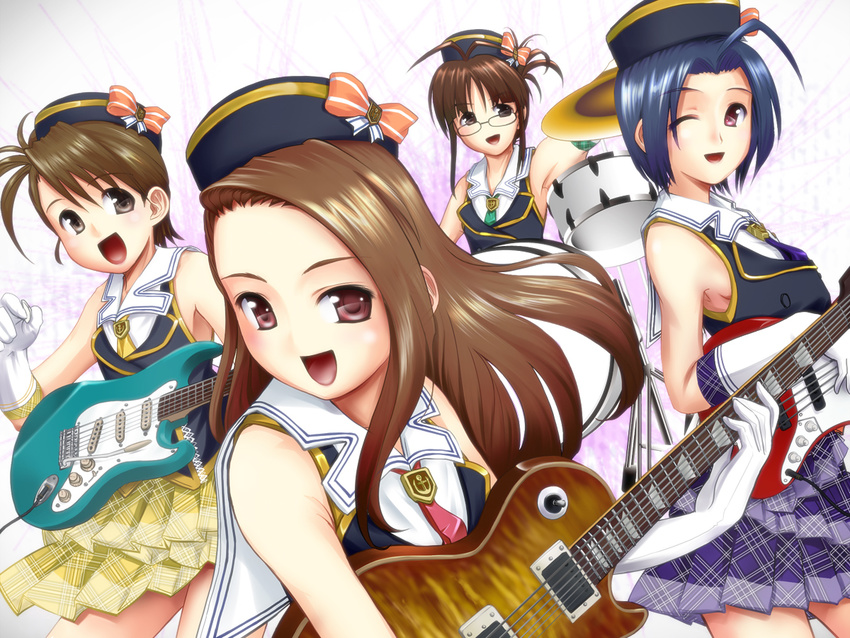 akizuki_ritsuko band blue_hair brown_eyes brown_hair drum drum_set futami_ami gloves guitar hat idolmaster idolmaster_(classic) idolmaster_2 instrument long_hair minase_iori miura_azusa multiple_girls ooiso_shouryuu red_eyes schoolish_girl_(idolmaster) short_hair side_ponytail