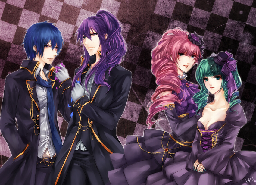 2girls blue_hair blue_scarf breasts cleavage dress formal gloves green_hair hand_in_pocket hat hatsune_miku kaito kamui_gakupo medium_breasts megurine_luka mini_hat mini_top_hat multiple_boys multiple_girls pink_hair purple_hair ryuuno_naku_hakoniwa_yori_(vocaloid) scarf shinhwe top_hat vocaloid