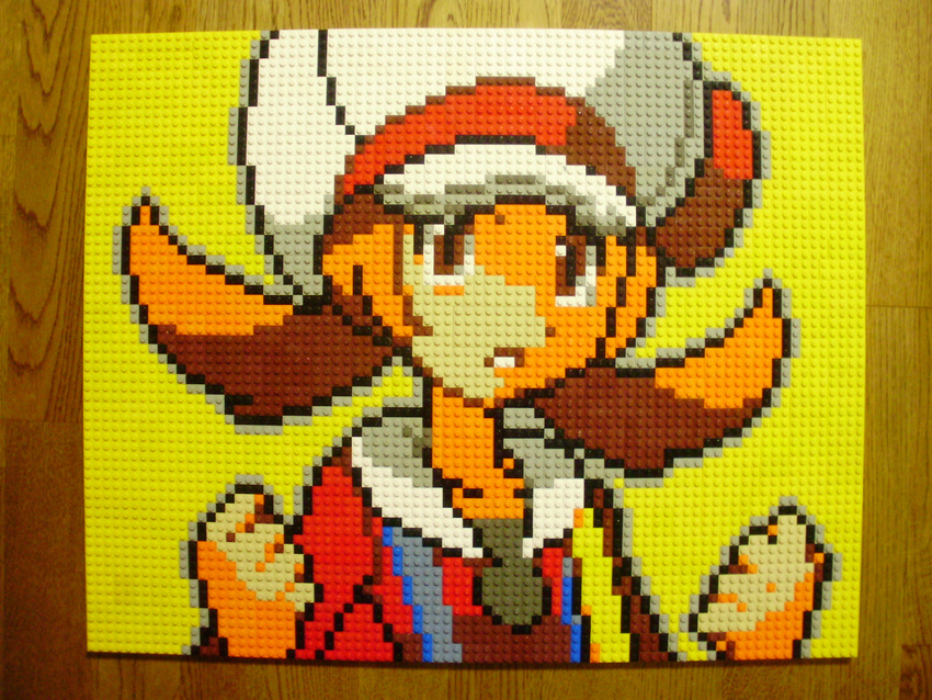 brown_eyes brown_hair cabbie_hat clenched_hands hat hat_ribbon highres kotone_(pokemon) lego photo pixel_art pokemon pokemon_(game) pokemon_hgss portrait red_ribbon ribbon solo twintails you_rei_(blowback)