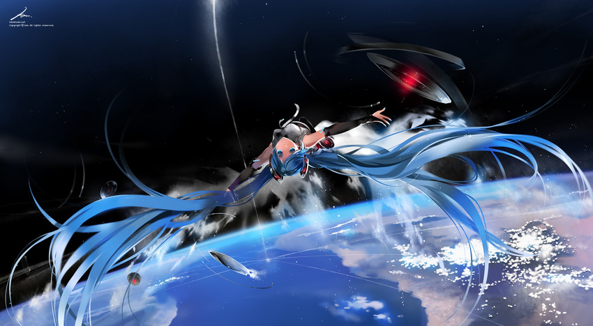 bad_id bad_pixiv_id blue_eyes blue_hair bridal_gauntlets hatsune_miku hatsune_miku_(append) highres horizon kaninn long_hair necktie solo space twintails very_long_hair vocaloid vocaloid_append