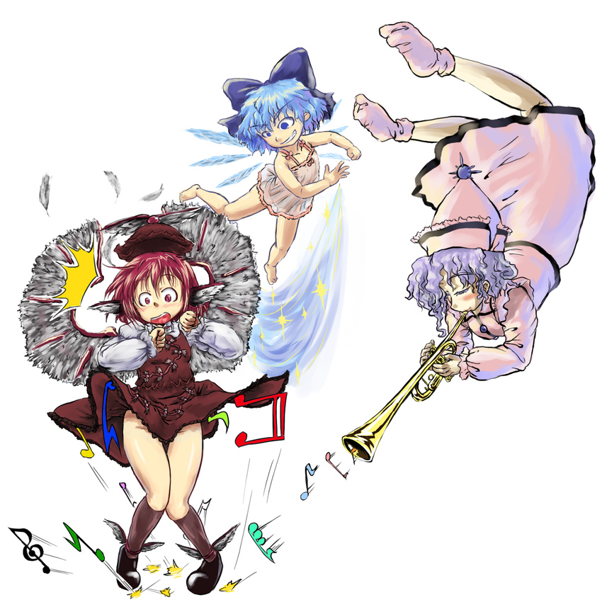 animal_ears bad_id bad_pixiv_id barefoot blue_eyes blue_hair blush bow chemise cirno dress dress_lift feet flying hat highres ice ice_wings instrument merlin_prismriver mimidori multiple_girls multiple_wings musical_note mystia_lorelei no_panties red_eyes red_hair see-through short_hair skirt skirt_lift smirk surprised touhou trumpet wavy_hair wings