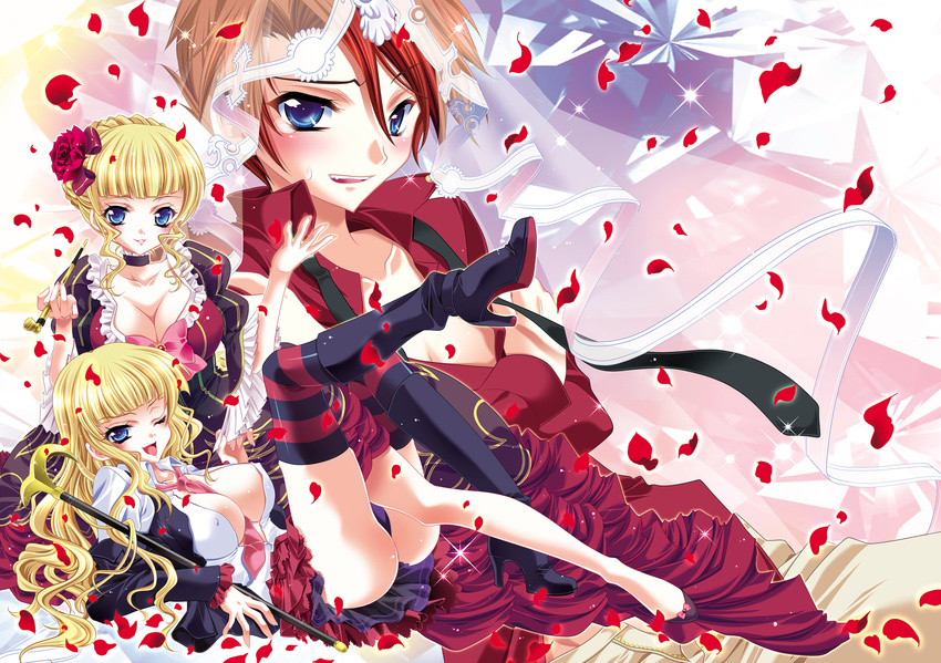 bad_id bad_pixiv_id beatrice between_breasts black_panties blonde_hair blue_eyes boots bow breasts cane choker cleavage dual_persona flower fukai_masa genderswap genderswap_(mtf) hair_flower hair_ornament highres kiseru large_breasts multiple_girls necktie one_eye_closed open_clothes open_shirt panties pantyshot petals pink_bow pipe red_hair ribbon rose shirt striped striped_legwear thighhighs umineko_no_naku_koro_ni underwear ushiromiya_battler veil