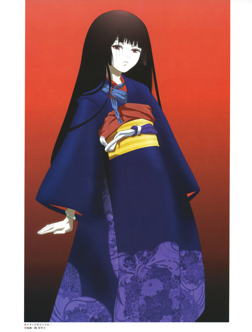 absurdres artbook black_hair enma_ai expressionless floral_print gradient gradient_background highres hime_cut japanese_clothes jigoku_shoujo kimono long_hair long_sleeves looking_at_viewer obi oka_mariko pale_skin red_background red_eyes sash scan solo waraningyou wide_sleeves