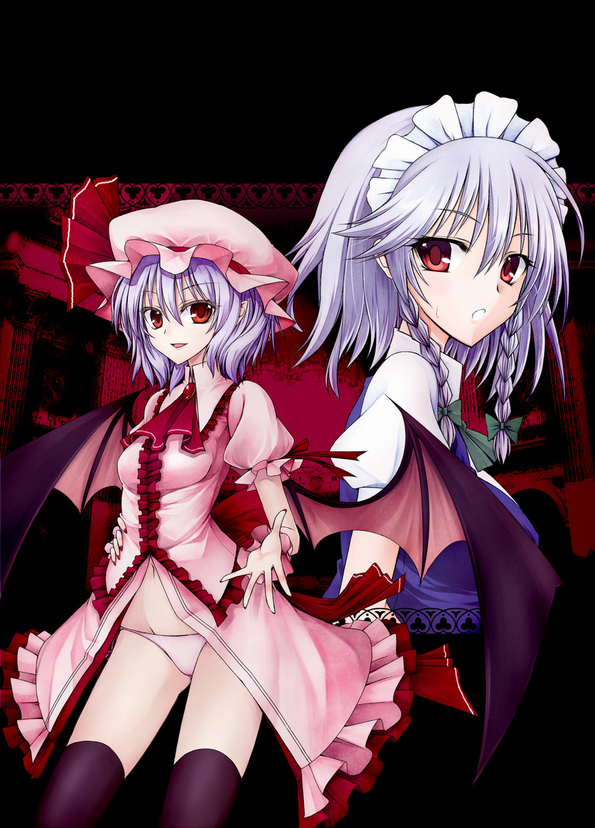 bad_id bad_pixiv_id bat_wings braid dress hand_on_hip hat highres izayoi_sakuya lavender_hair maid maid_headdress midriff multiple_girls nail_polish navel open_clothes open_dress outstretched_hand panties pink_panties pink_skirt red_eyes red_nails remilia_scarlet short_hair silver_hair skirt sweatdrop thighhighs touhou twin_braids underwear utakata_(kochou_no_yume) wings