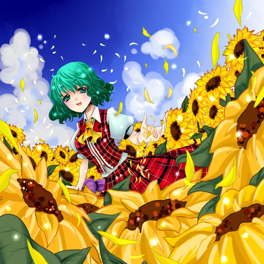 ascot closed_umbrella cloud day dutch_angle field fisheye flower flower_field green_eyes green_hair highres kazami_yuuka nature petals plaid plaid_skirt plaid_vest puffy_sleeves short_hair short_sleeves shoukimaru skirt skirt_set solo sunflower touhou umbrella vest