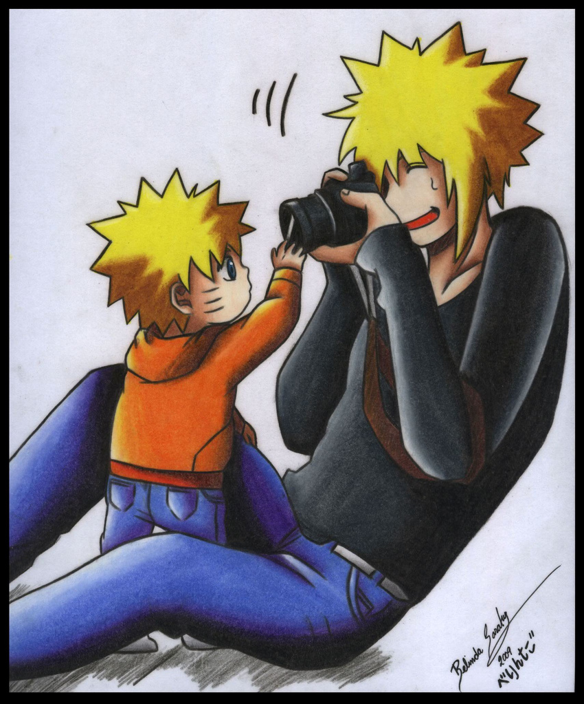 belinda_sarahy_de_gois_rentroia blonde_hair blue_eyes camera child father_and_son highres multiple_boys namikaze_minato naruto naruto_(series) naruto_shippuuden ninja scan signature spiked_hair time_paradox traditional_media uzumaki_naruto whisker_markings younger