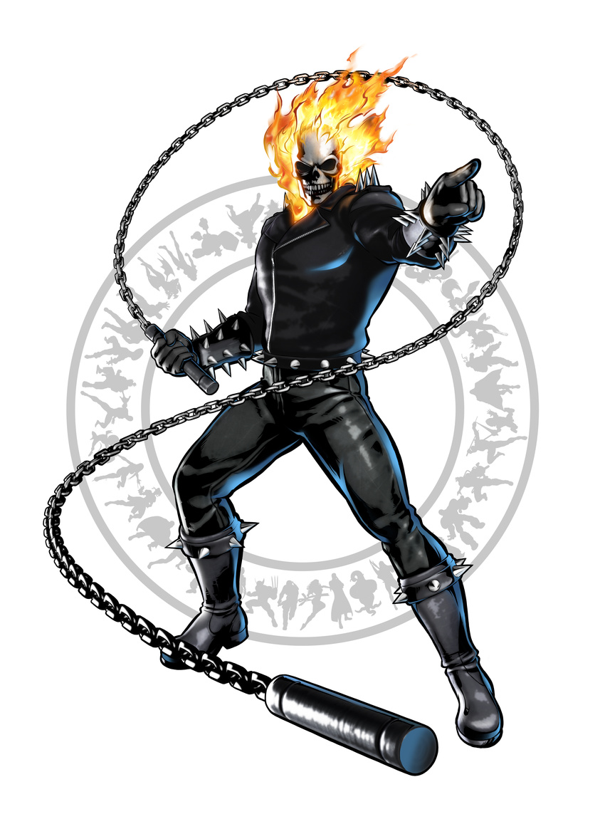 absurdres capcom chain chains fire ghost_rider highres looking_at_viewer marvel marvel_vs._capcom marvel_vs_capcom mori_toshiaki official_art pointing shinkiro skull