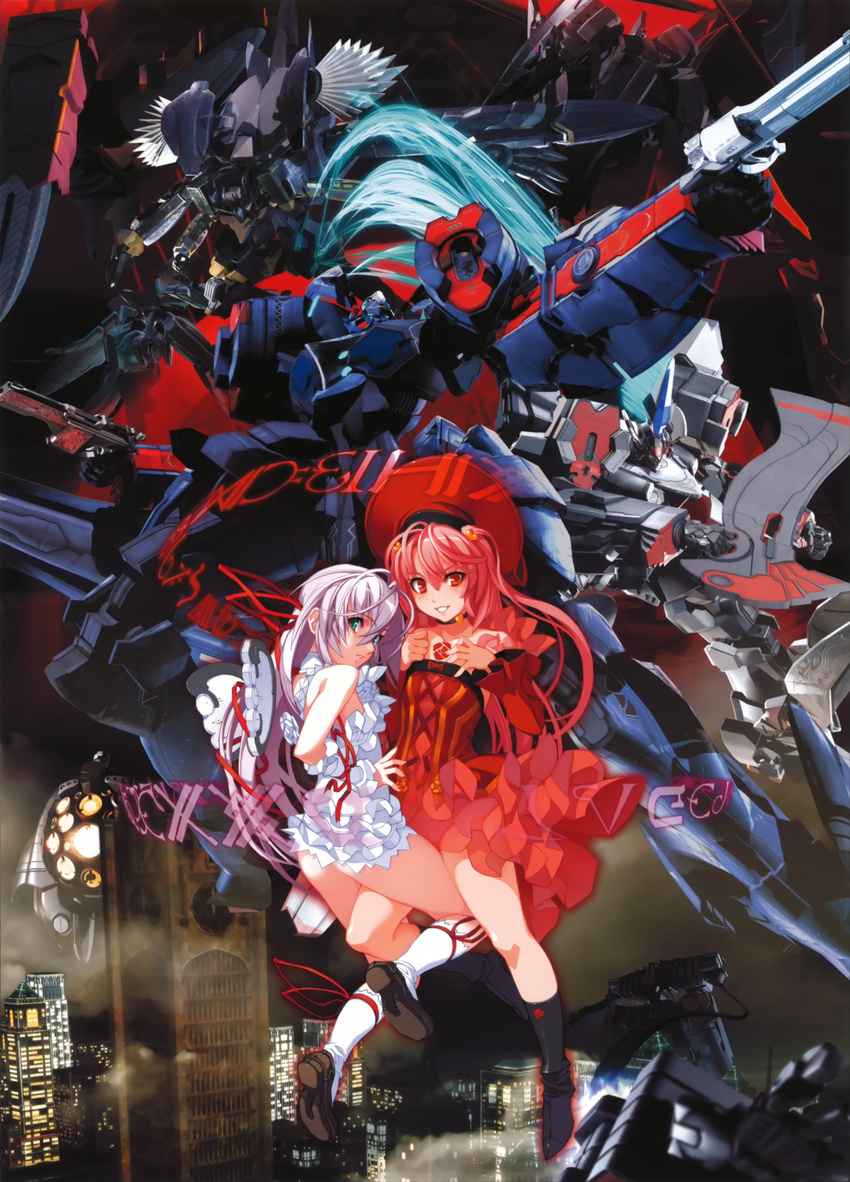 absurdres al_azif another_blood between_legs city demonbane demonbane_(mecha) detached_sleeves frills green_eyes grin hat highres lavender_hair long_hair looking_back mecha miniskirt multiple_girls nishii_(nitroplus) red_eyes red_hair skirt smile