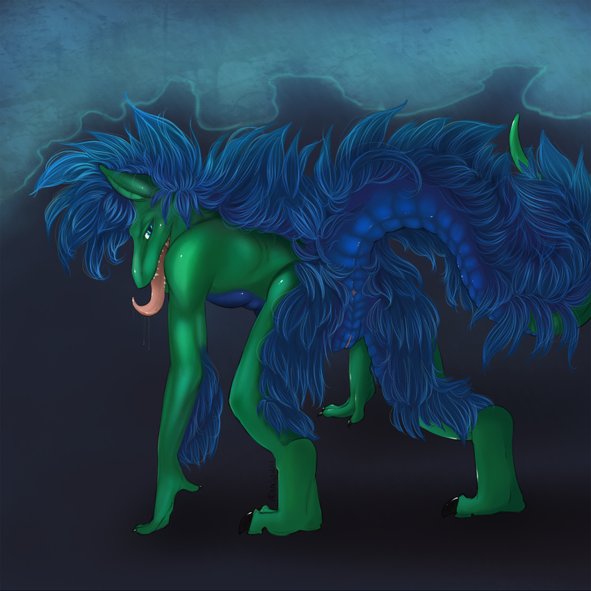 2011 adiago anus blue dragon female flat_chest green looking_back nude presenting pussy raised_tail solo tail tongue