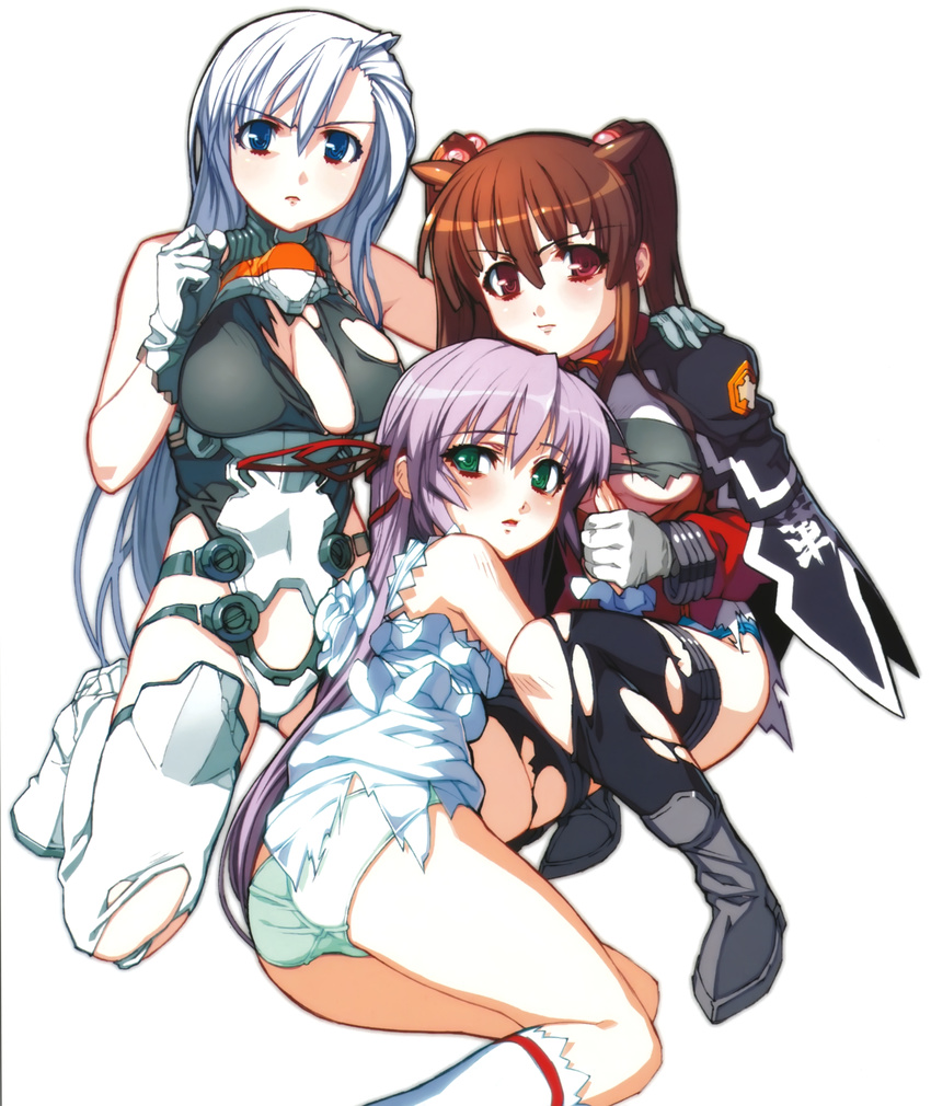 absurdres al_azif black_legwear blue_eyes brown_hair character_request demonbane gloves green_eyes highres lavender_hair long_hair metatron multiple_girls nishii_(nitroplus) official_art panties red_eyes thighhighs torn_clothes underwear white_hair white_legwear