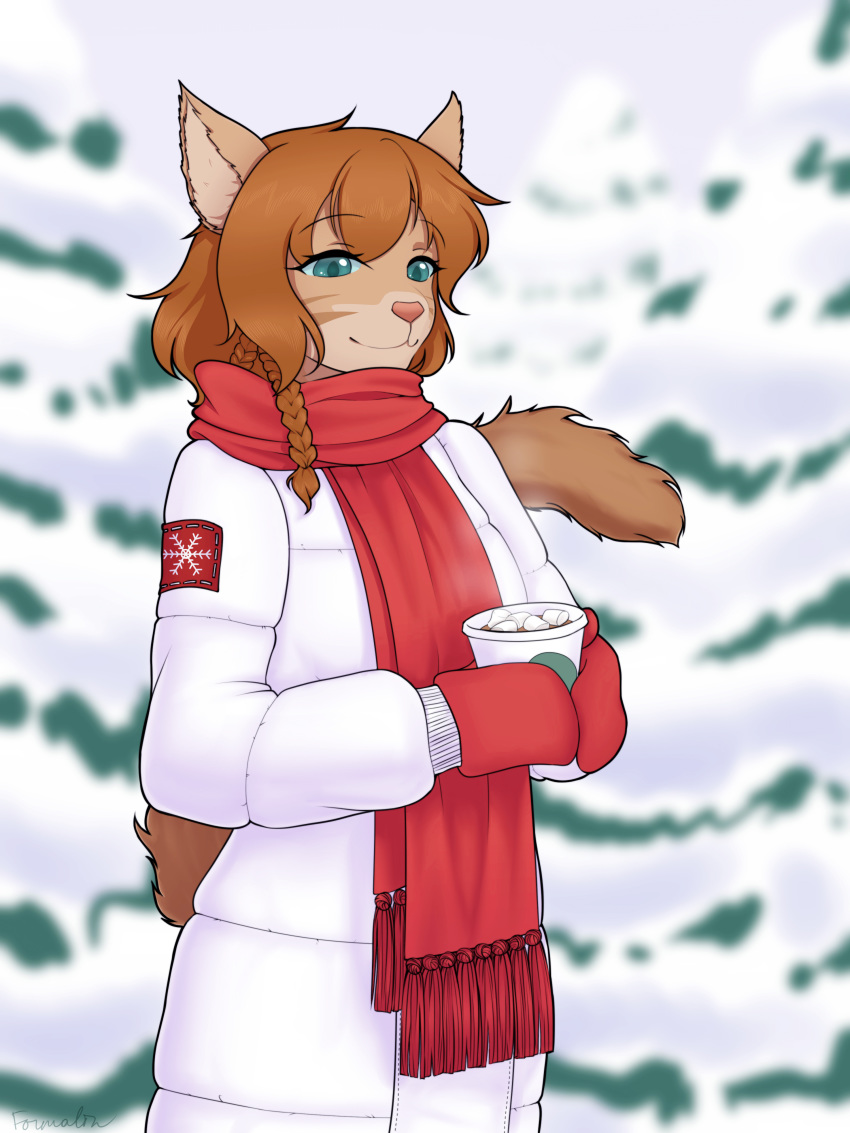 2019 absurd_res anthro beverage blue_eyes clothed clothing coat domestic_cat felid feline felis female formalin hair hi_res kayla_angel mammal marshmallow outside red_hair scarf smile snow solo