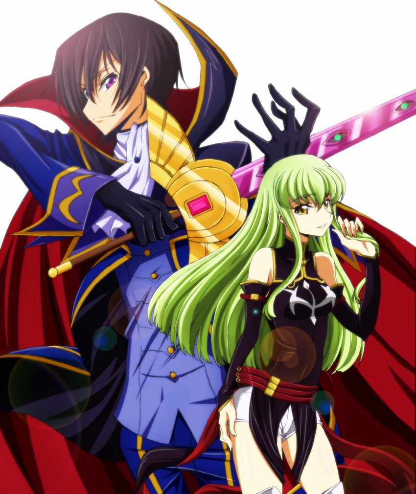 1boy 1girl black_gloves black_hair c.c. cc ccllsaikou cloak code_geass detached_sleeves female gloves green_hair highres lelouch_lamperouge long_hair male military military_uniform purple_eyes short_hair shorts sword uniform weapon yellow_eyes