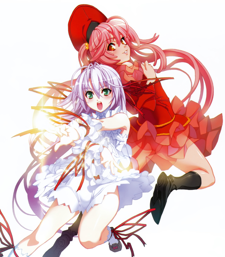 absurdres al_azif another_blood back-to-back demonbane dress frills green_eyes hair_ribbon hat highres lavender_hair long_hair multiple_girls nishii_(nitroplus) official_art open_mouth pink_hair red_eyes ribbon simple_background skirt wrist_cuffs