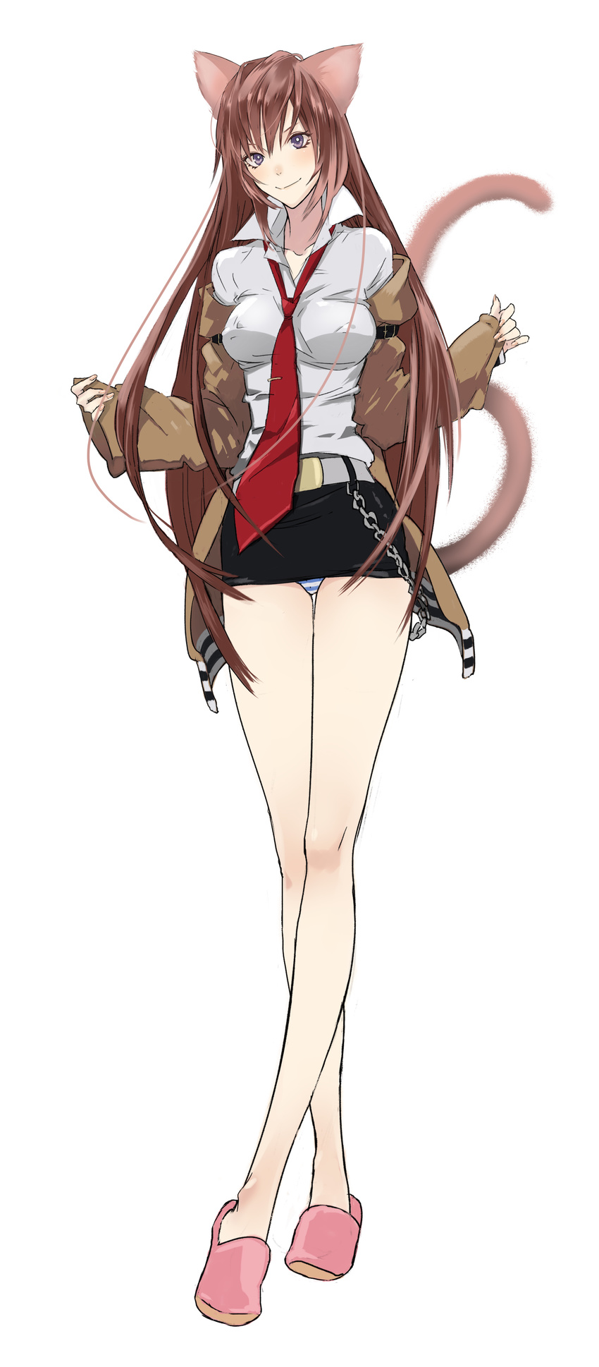 absurdres animal_ears bare_legs belt blue_eyes blush breasts brown_hair chain crossed_legs highres jacket koutarou_(farthest) long_hair long_legs makise_kurisu medium_breasts miniskirt necktie no_legwear panties red_neckwear simple_background skirt sleeves_past_wrists smile solo standing steins;gate striped striped_panties tail underwear