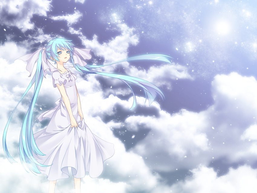 aqua_eyes aqua_hair cloud dress hair_ribbon hatsune_miku jyuru long_hair ribbon sky solo twintails very_long_hair vocaloid