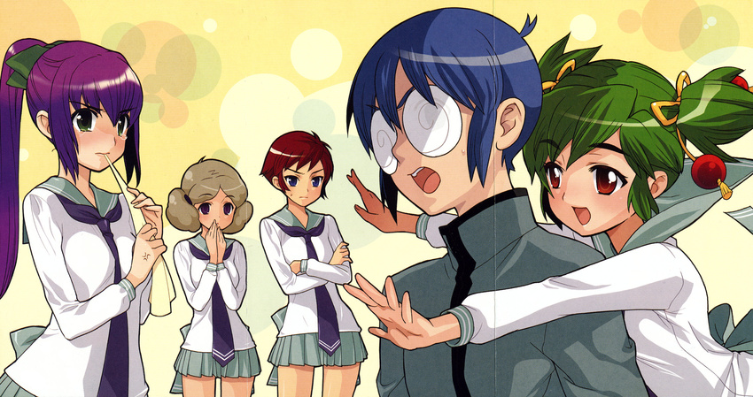 4girls blue_hair brown_eyes character_request green_eyes hattori_yamame highres kage_kara_mamoru! kagemori_mamoru kumogakure_hotaru long_hair multiple_girls non-web_source ponytail purple_hair school_uniform