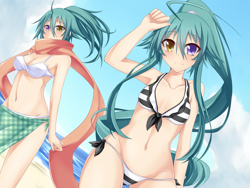 ahoge bad_id bad_pixiv_id beach bikini dutch_angle green_hair green_sarong heterochromia leura_(suterii) long_hair multiple_girls ocean original plaid plaid_sarong ponytail rebecca_arcane sand sarong scarf sky striped striped_bikini striped_swimsuit suterii swimsuit