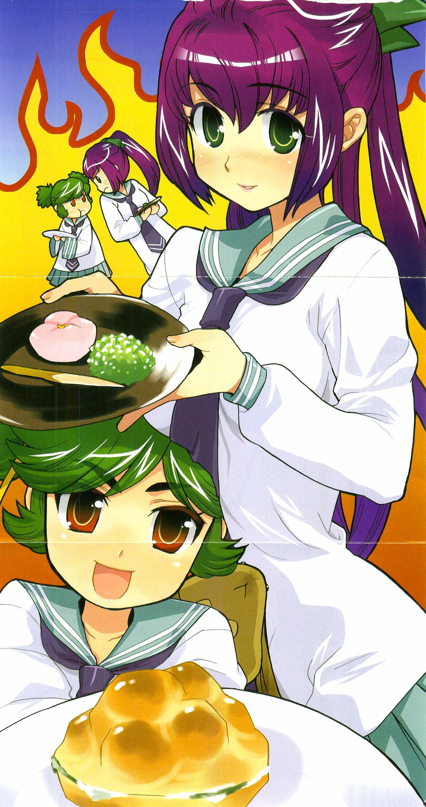 green_eyes green_hair hattori_yamame highres kage_kara_mamoru! kumogakure_hotaru long_hair madara_sai multiple_girls non-web_source official_art ponytail purple_hair school_uniform