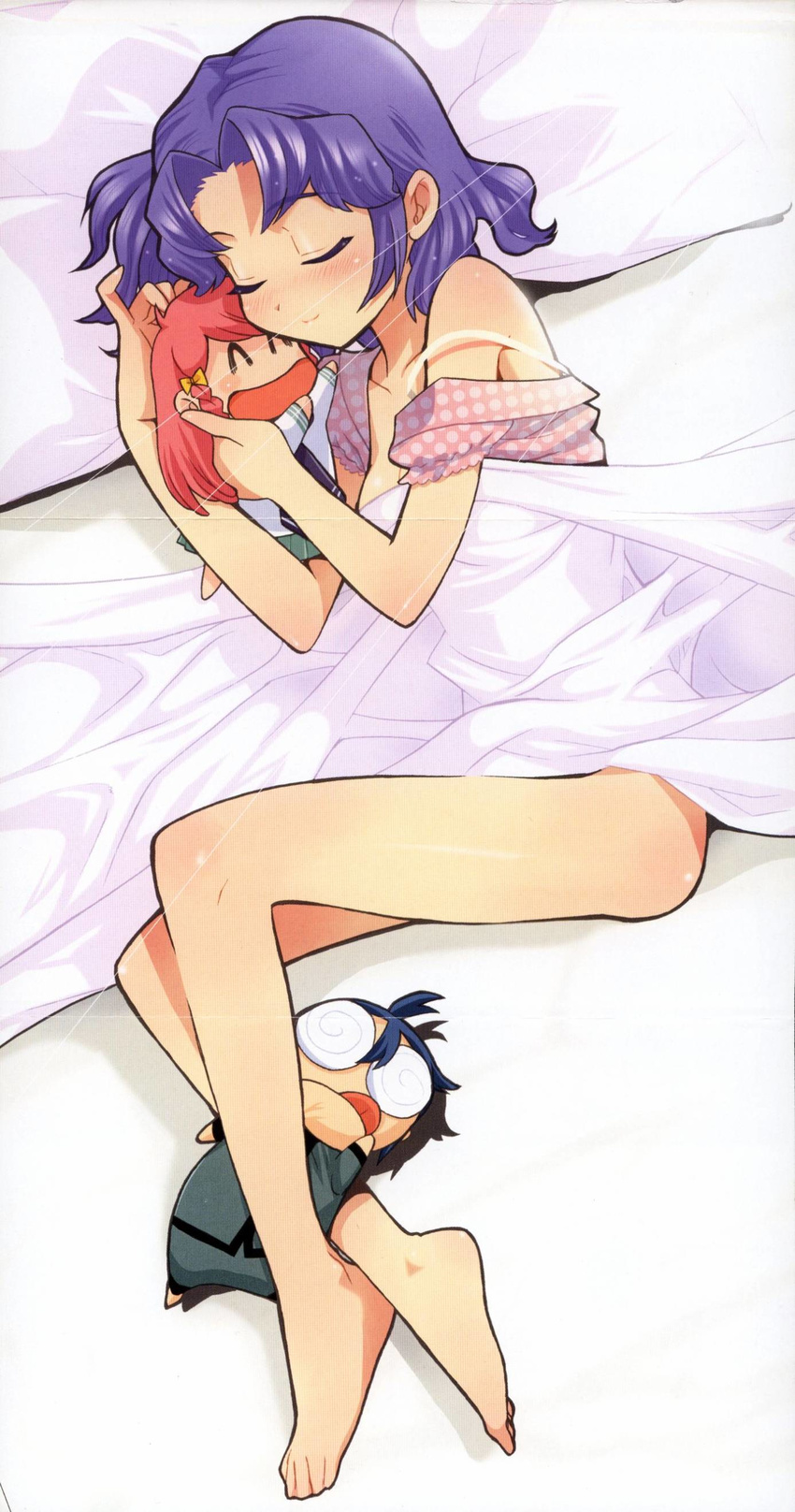 absurdres barefoot blue_hair character_doll chibi closed_eyes doll feet highres kage_kara_mamoru! kagemori_mamoru konnyaku_yuuna madara_sai non-web_source official_art purple_hair red_hair sawagashi_airi sleeping solo