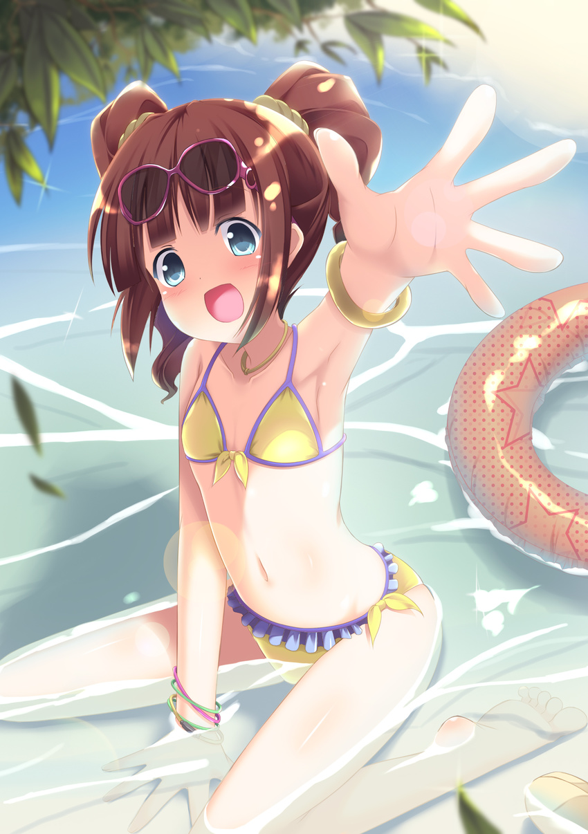 absurdres armpits bikini bracelet brown_hair choker error eyewear_on_head flat_chest foreshortening frills green_eyes highres idolmaster idolmaster_(classic) innertube jewelry lens_flare long_hair md5_mismatch navel nekomushi open_mouth partially_submerged reaching smile solo sunglasses swimsuit takatsuki_yayoi twintails water