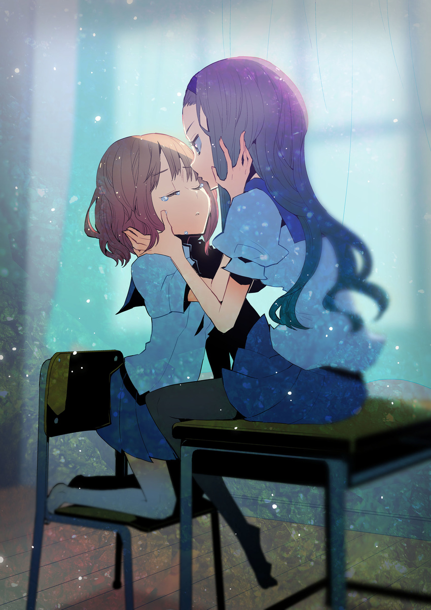 absurdres aqua_hair bare_legs barefoot black_legwear blurry_vision brown_hair chair classroom closed_eyes crying curtains desk grey_hair hairband hamamoto_ryuusuke hand_on_another's_cheek hand_on_another's_face happy_tears highres imminent_kiss kneeling multicolored_hair multiple_girls on_desk original pantyhose school school_desk school_uniform serafuku sitting sitting_on_desk tears wiping_tears yuri