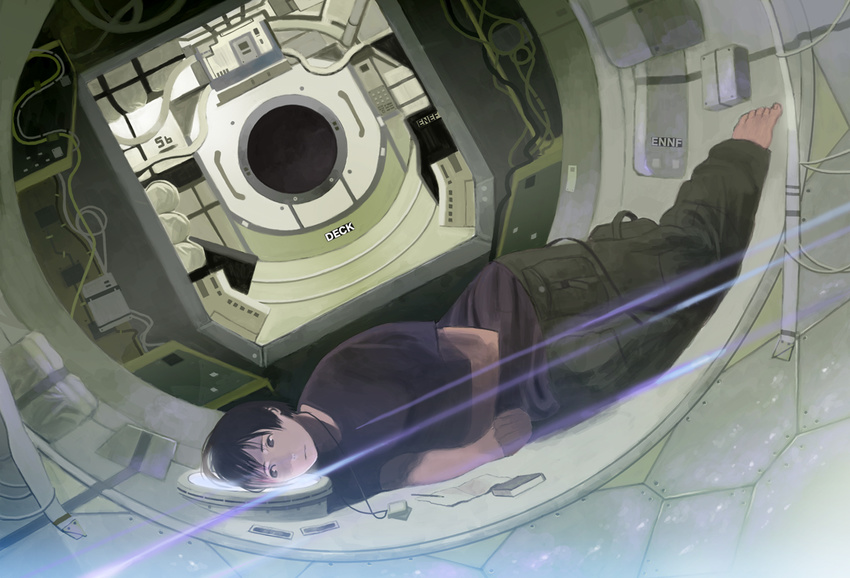 bad_id bad_pixiv_id barefoot black_eyes black_hair cable commentary indoors international_space_station lens_flare lying notepad on_side original pen realistic shiira short_hair solo window