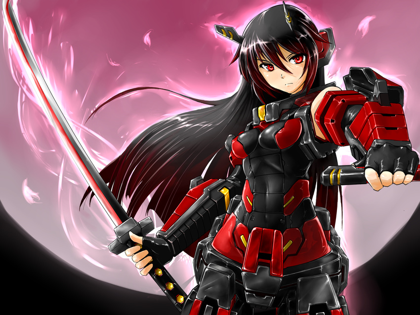 black_hair bodysuit cosmic_break full_moon hair_ornament harukon_(halcon) highres long_hair mecha_musume moon ouka_(cosmic_break) red_eyes sheath solo sword weapon