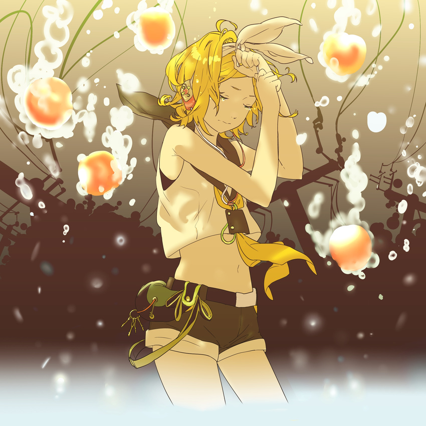 bad_id bad_pixiv_id bag bare_shoulders belt blonde_hair bow bubble face green_eyes hair_bow hair_ornament hairclip hands headphones highres kagamine_rin key midriff miyama_fugin nail_polish navel power_lines sailor_collar short_hair shorts sleeveless solo tears telephone_pole vocaloid