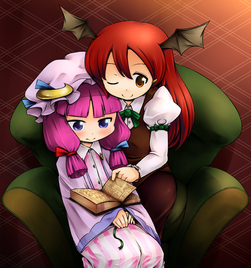 :&gt; armband armchair bangs bat_wings bbb_(33kudo) blue_eyes blunt_bangs blush book bow bowtie buttons chair child crescent dress dress_shirt hair_ornament hair_ribbon hairpin hat head_wings highres koakuma long_sleeves multiple_girls one_eye_closed open_book orange_eyes patchouli_knowledge purple_hair reading red_hair ribbon shirt sidelocks sitting skirt smile striped striped_dress touhou v_arms vest wide_sleeves wings younger