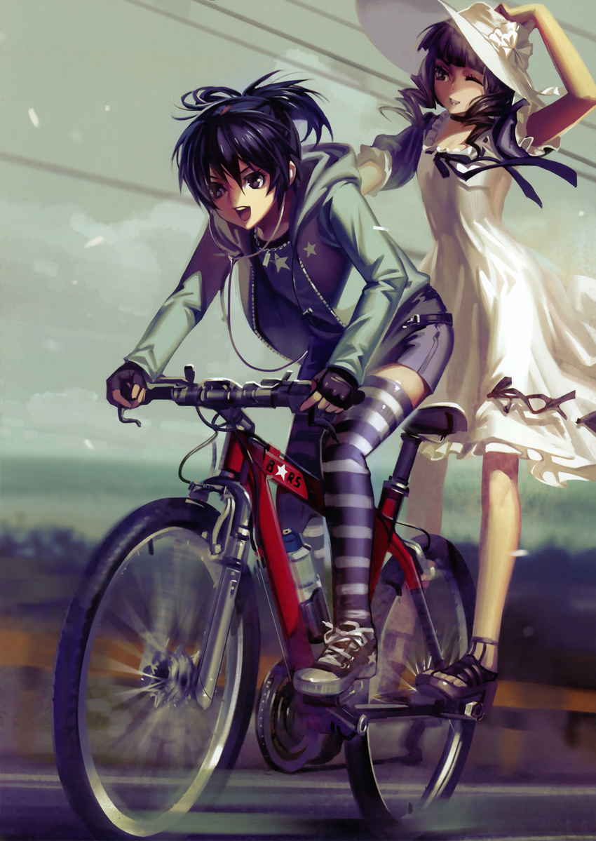 :d absurdres alphonse_(white_datura) bicycle black_rock_shooter dress earbuds earphones fingerless_gloves gloves hat highres holding holding_hat hood hooded_jacket jacket kuroi_mato motion_blur mountain_bicycle multiple_girls one_eye_closed open_mouth riding smile star striped striped_legwear sun_hat sundress takanashi_yomi thighhighs twintails uneven_twintails white_dress wink