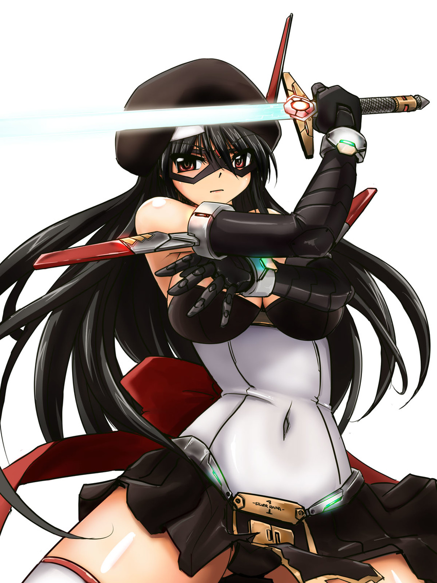 armlet bare_shoulders beret black_hair breasts cleavage elbow_gloves gloves hat highres kagaku_touki_silver_raina large_breasts long_hair mask mecha_musume miniskirt navel original red_eyes ribbon skirt solo sword thighhighs tokihama_jirou weapon zettai_ryouiki