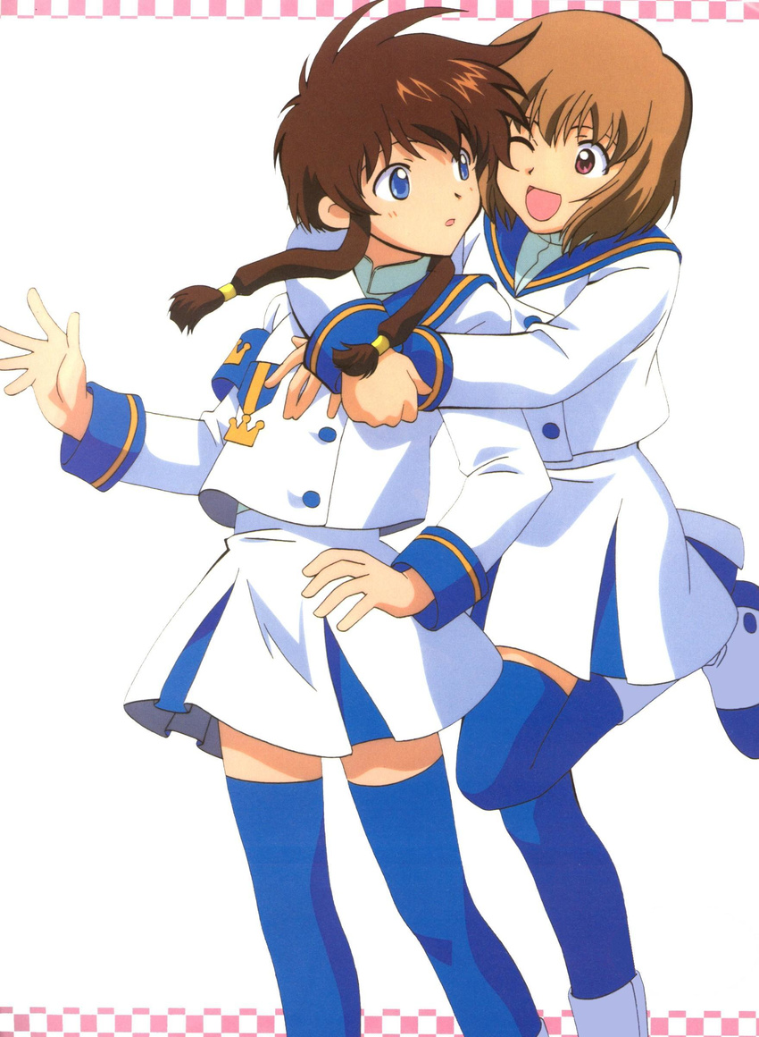 2girls absurdres angelic_layer blue_eyes blush boots brown_hair eye_contact female footwear from_behind happy highres hug hug_from_behind incipient_kiss kizaki_tamayo leg_up long_hair long_sleeves looking_at_another looking_back multiple_girls one_eye_closed open_mouth purple_eyes school_uniform short_hair shy skirt smile socks standing standing_on_one_leg surprise surprised suzuhara_misaki thighhighs wink yuri