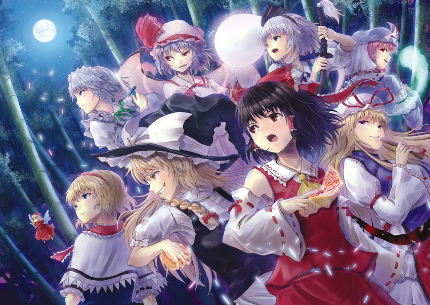 alice_margatroid bamboo bamboo_forest bat_wings black_hair blonde_hair bow capelet detached_sleeves doll fan forest full_moon ghost grin hair_bow hairband hakurei_reimu hat hat_ribbon hyuuga_azuri imperishable_night izayoi_sakuya kirisame_marisa knife konpaku_youmu konpaku_youmu_(ghost) lavender_hair long_hair maid_headdress mini-hakkero moon multiple_girls nature night ofuda pink_hair remilia_scarlet ribbon saigyouji_yuyuko shanghai_doll sheath sheathed short_hair silver_hair smile smirk sword touhou weapon wings witch_hat yakumo_yukari