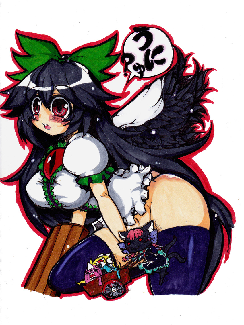 :3 absurdres animal_ears bangs black_hair black_wings blouse blue_legwear blush bottomless bow braid breasts cat_ears cat_tail censored character_censor eyes feathered_wings frills green_bow hair_bow hair_ribbon highres kaenbyou_rin kaenbyou_rin_(cat) kneeling large_breasts leaning_forward long_hair matarou multiple_tails navel novelty_censor open_mouth puffy_short_sleeves puffy_sleeves purple_legwear red_eyes red_hair reiuji_utsuho ribbon short_sleeves solo tail thighhighs touhou traditional_media triangular_headpiece twin_braids twintails unyu very_long_hair wheelbarrow white_blouse wings