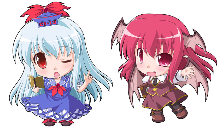 bat_wings book chibi dress head_wings kamishirasawa_keine koakuma multiple_girls necktie nijiberu one_eye_closed open_mouth red_eyes red_hair touhou white_hair wings