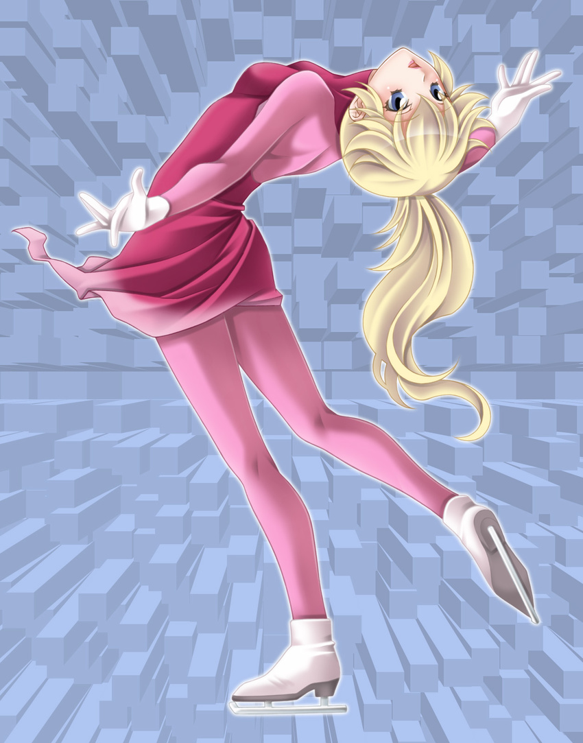 alternate_hairstyle arched_back bad_id bad_pixiv_id blonde_hair blue_eyes figure_skating gloves highres ice_skates legs long_hair looking_back mario_(series) pantyhose pink_legwear ponytail princess_peach skates solo super_mario_bros. tamamon