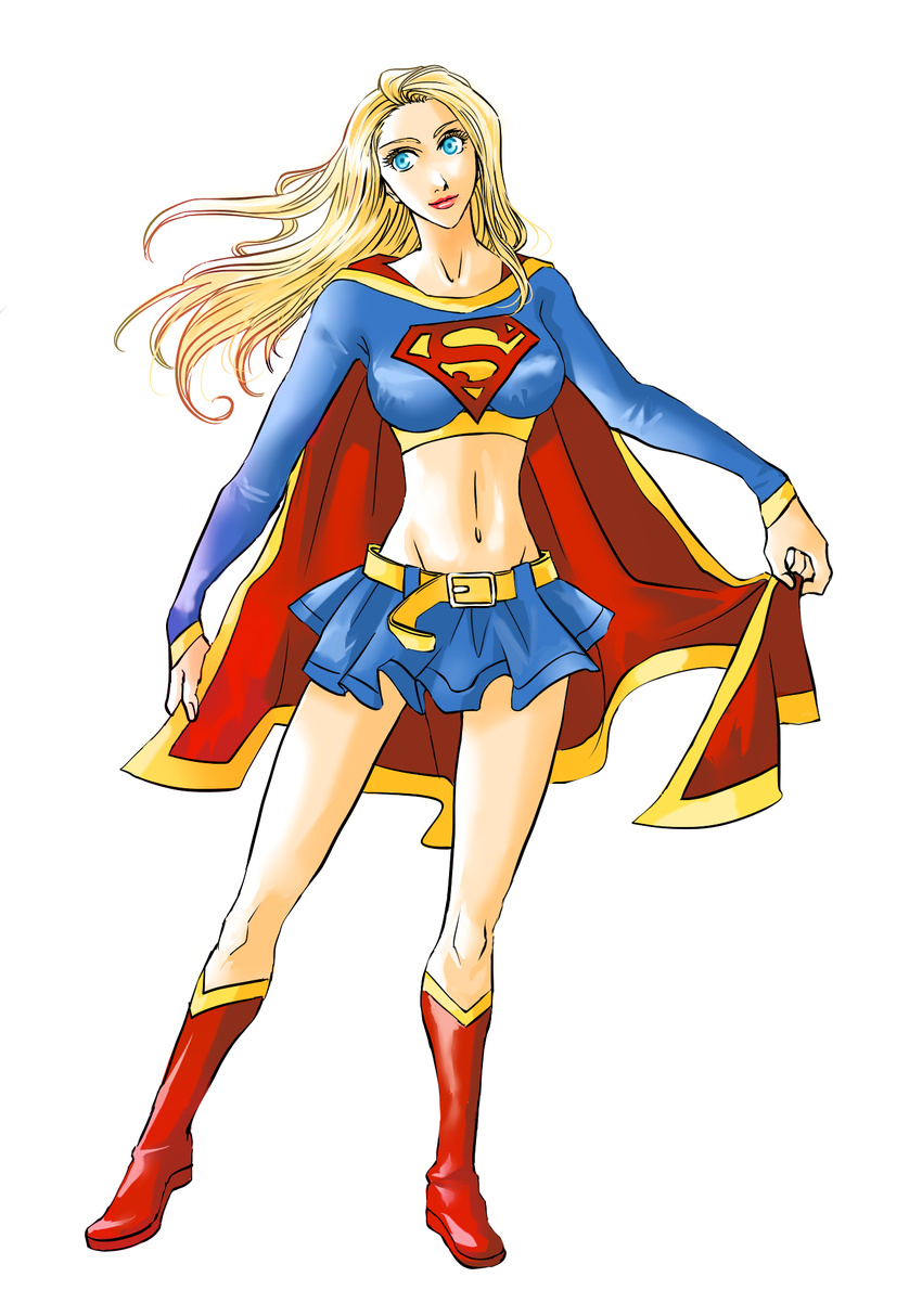 1_girl 1girl belt blonde_hair blue_eyes boots cape dc_comics female full_body highres kara_zor-el kryptonian long_hair midriff miniskirt petri red_cape red_shoes s_shield shoes simple_background skirt solo standing supergirl superman_(series) tank_top tanktop white_background