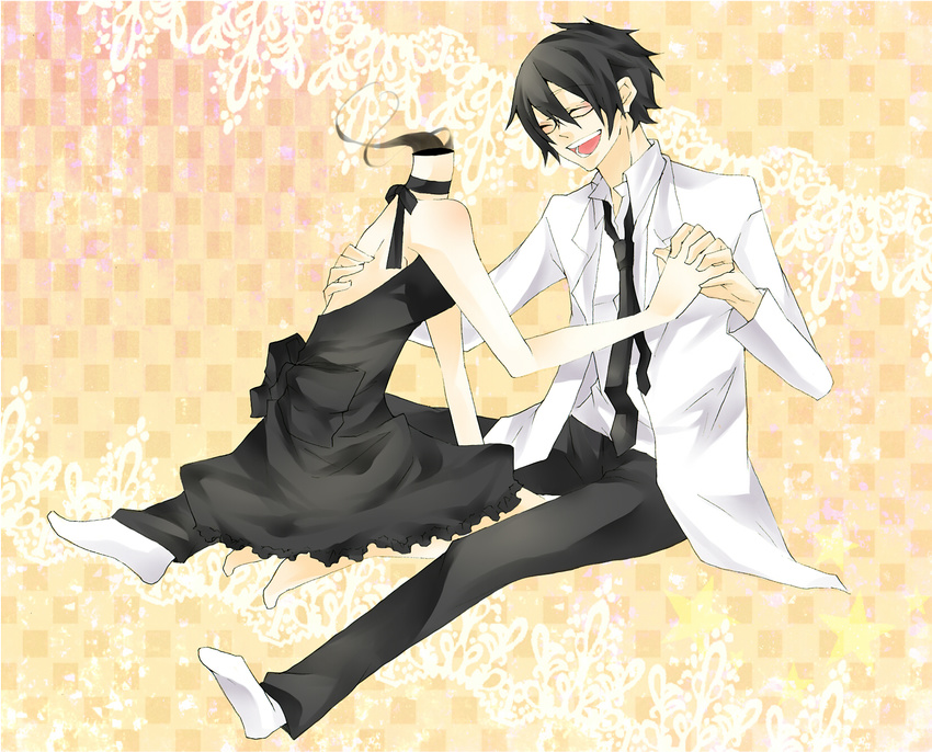 1girl bad_id bad_pixiv_id barefoot black_hair celty_sturluson closed_eyes couple dress durarara!! glasses headless hetero highres holding_hands kishitani_shinra krkrkr labcoat necktie smile socks