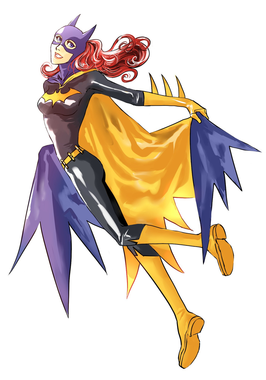 1girl barbara_gordon batgirl batman_(series) blue_eyes bodysuit cape dc_comics female full_body gloves highres latex long_hair mask petri red_hair redhead smile solo