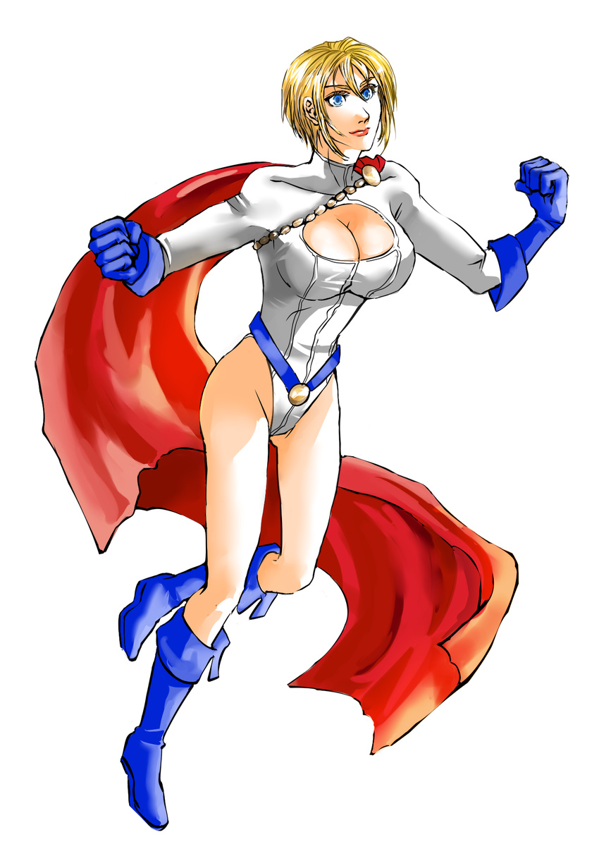 1girl alien belt blonde_hair blue_eyes blue_shoes boots breasts cape cleavage cleavage_cutout dc_comics female flying gloves highres kryptonian leotard petri power_girl red_cape shoes short_hair solo