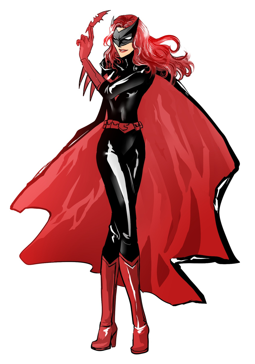 1girl batman_(series) batwoman bodysuit boots cape dc_comics female full_body gloves highres latex lipstick long_hair makeup mask petri red_hair redhead simple_background solo standing white_background