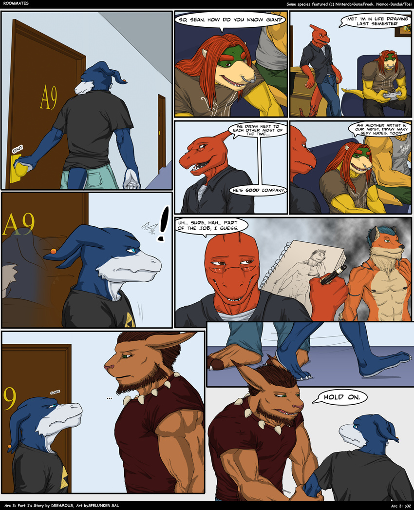 2011 angry bald blue_eyes bowser_koopa_junior_(roommates) brown_eyes charmeleon comic dialog digimon drawing ear_piercing english_text eyewear final_fantasy flamedramon giancarlo_rosato glasses koopa koopalings leo leomon lucario male mario_bros mondo_cruz muscles nintendo piercing pok&#233;mon pok&eacute;mon roommates_(comic) roy_koopa scalie sean_(roommates) spelunker_sal text triforce video_games