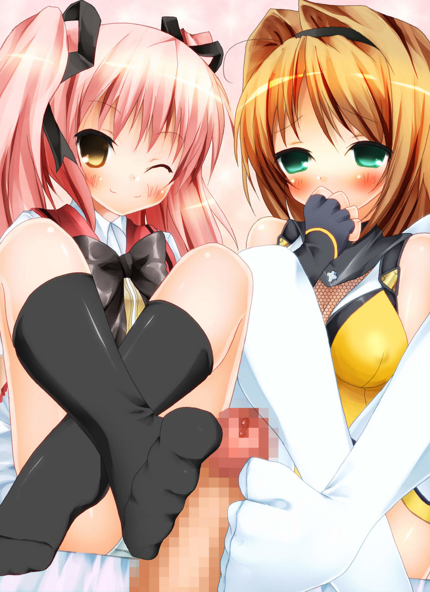 2girls artist_request choukou_sennin_haruka feet foot footjob footwear highres jpeg_artifacts kyohei legwear md5_mismatch multiple_girls penis resized shihoudou_narika sock_on_penis sockjob socks stockings takamori_haruka teamwork thighhighs