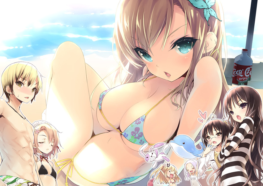 6+girls anger_vein aqua_eyes beach bikini blonde_hair blue_bikini boku_wa_tomodachi_ga_sukunai breasts butterfly_hair_ornament cleavage closed_eyes flat_chest hair_ornament hasegawa_kobato hasegawa_kodaka kashiwazaki_sena kusunoki_yukimura large_breasts looking_at_viewer mikazuki_yozora multiple_girls open_mouth prison_clothes shiguma_rika show_(rinnetenshow) side-tie_bikini soda string_bikini swimsuit takayama_maria two_side_up