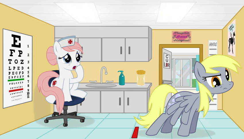 blackgryph0n blonde_hair blue_eyes cabinet chair cupboard cutie_mark derpy_hooves_(mlp) doing_it_wrong english_text equine exam eye_chart female feral friendship_is_magic hair hand_soap hasbro hat horse hospital humor line mammal medical my_little_pony nurse nurse_redheart_(mlp) office optometrist optometry pegasus pink_hair pony poster shocked sink sitting standing text tongue_depressor wings yellow_eyes