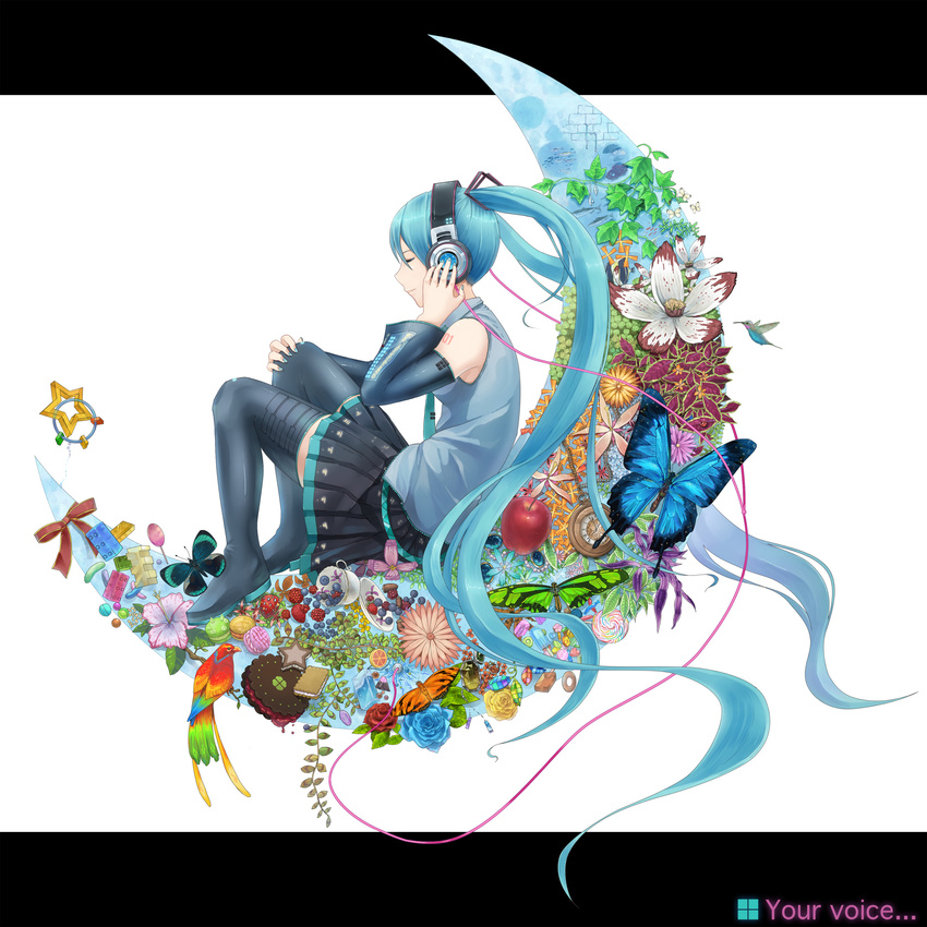 absurdres apple aqua_hair bird blueberry boots bug butterfly candy closed_eyes crescent_moon detached_sleeves fish flower food fruit hatsune_miku headphones highres hummingbird insect letterboxed lollipop long_hair moon nagakura_(seven_walkers) nail_polish necktie orange parrot pocket_watch raspberry ribbon sitting skirt solo strawberry swirl_lollipop thigh_boots thighhighs twintails very_long_hair vocaloid watch