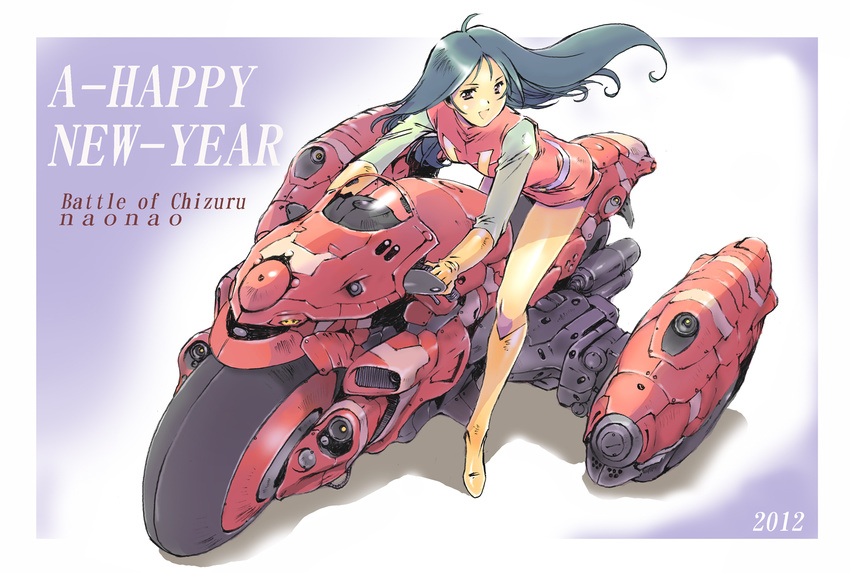 2012 :d artist_name boots character_name choudenji_robo_combattler_v ground_vehicle happy_new_year highres legs long_hair mecha moriguchi_nao_(naonao) motor_vehicle motorcycle nanbara_chizuru new_year open_mouth science_fiction smile solo